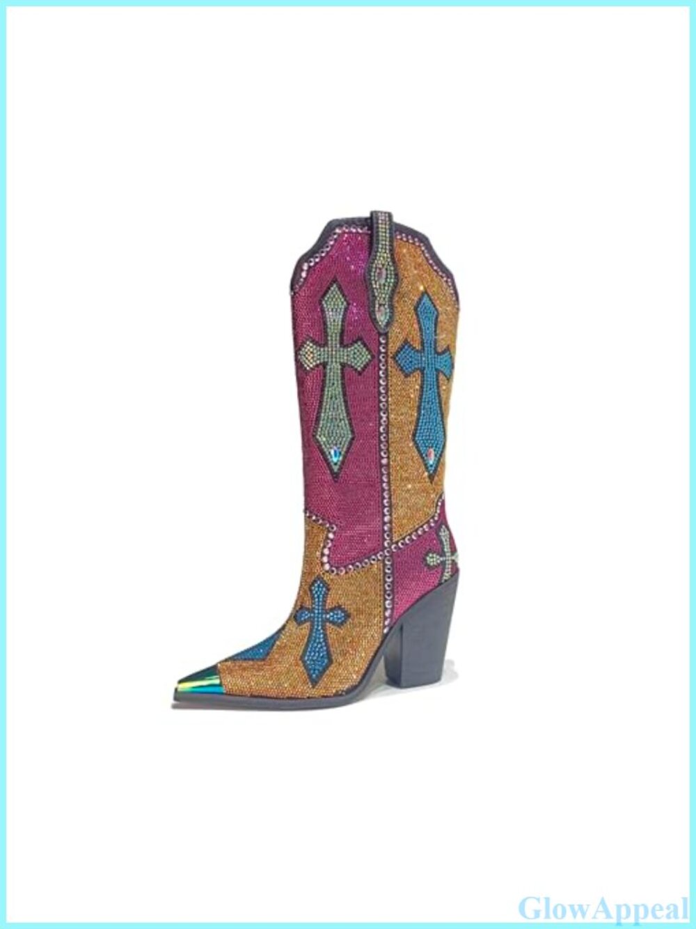 Rhinestone Knee High Western Cowboy Boots Pointed Toe Chunky Heel